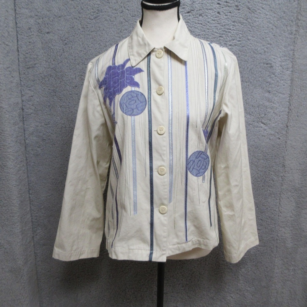 Hearts of‎ Palm Jacket Womens 8 Beige Button Front Embroidered Floral Applique
